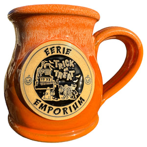 Eerie Emporium Trick or Treat Coffee Mug in Pumpkin Patch Parade Color Scheme.