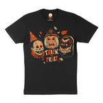 A black t-shirt with 3 vintage style trick or treaters wearing a witch mask, vampire mask and ghoul mask are above lettering that says Trick or Treat.