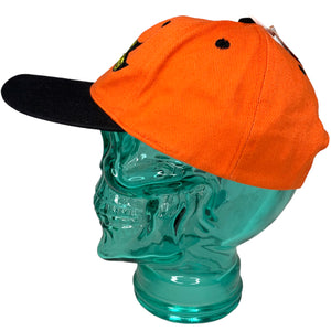 Orange Happy Halloween Hat with Witch and moon on it.