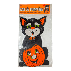 Vintage Halloween Eureka 18" Jointed Black Cat & Pumpkin Die Cut in Package 1970s/1980s