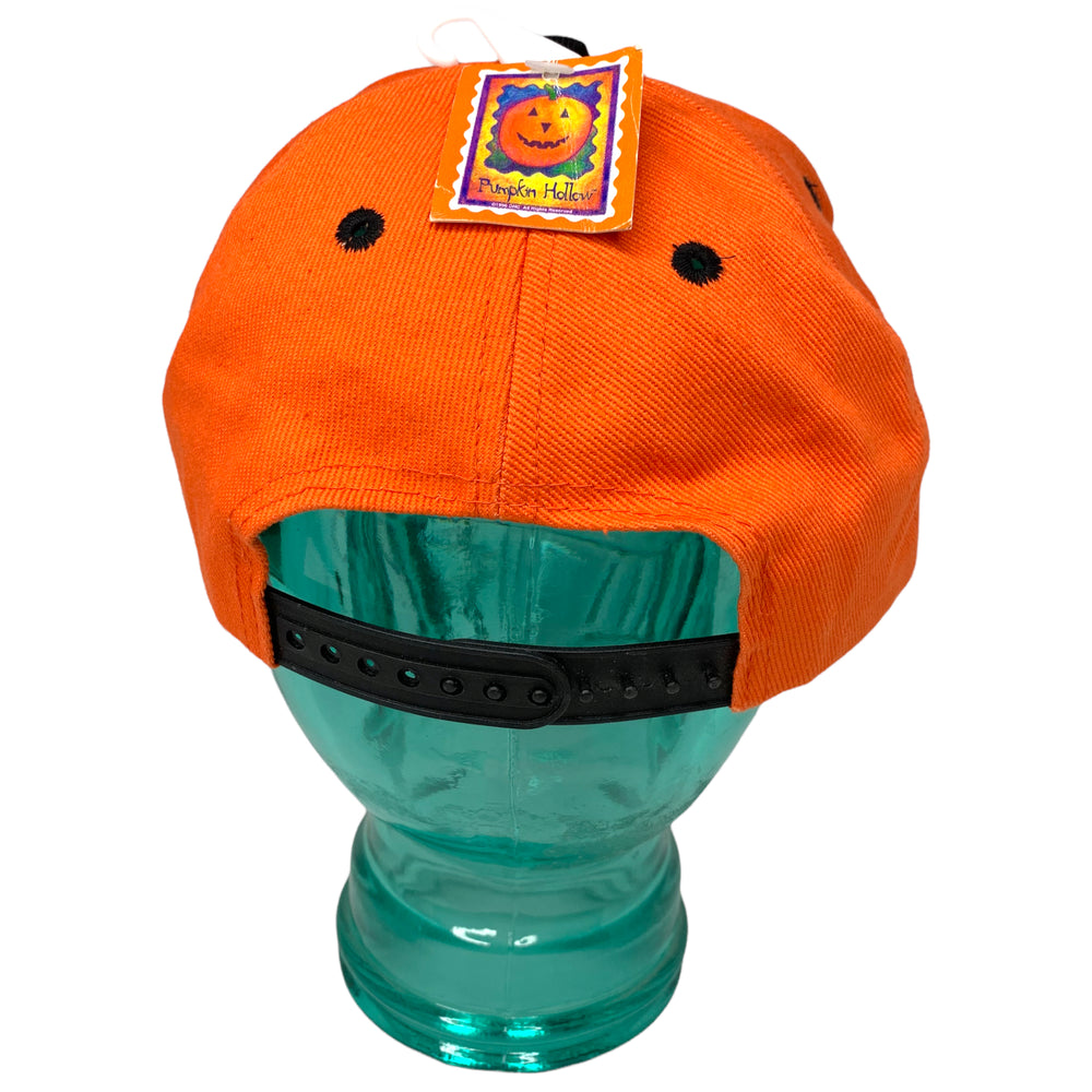 Orange Happy Halloween Hat with Witch and moon on it.