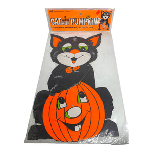 Vintage Halloween Eureka 18" Jointed Black Cat & Pumpkin Die Cut in Package 1970s/1980s