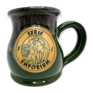Eerie Emporium Frankenstein Coffee Mug In Frightening Forest Color Scheme - Frankenstein and Frankenstein's Bride stare longingly into each others eyes while lightening bolts usher in darkness around them on this green and gray drip glaze coffee mug.
