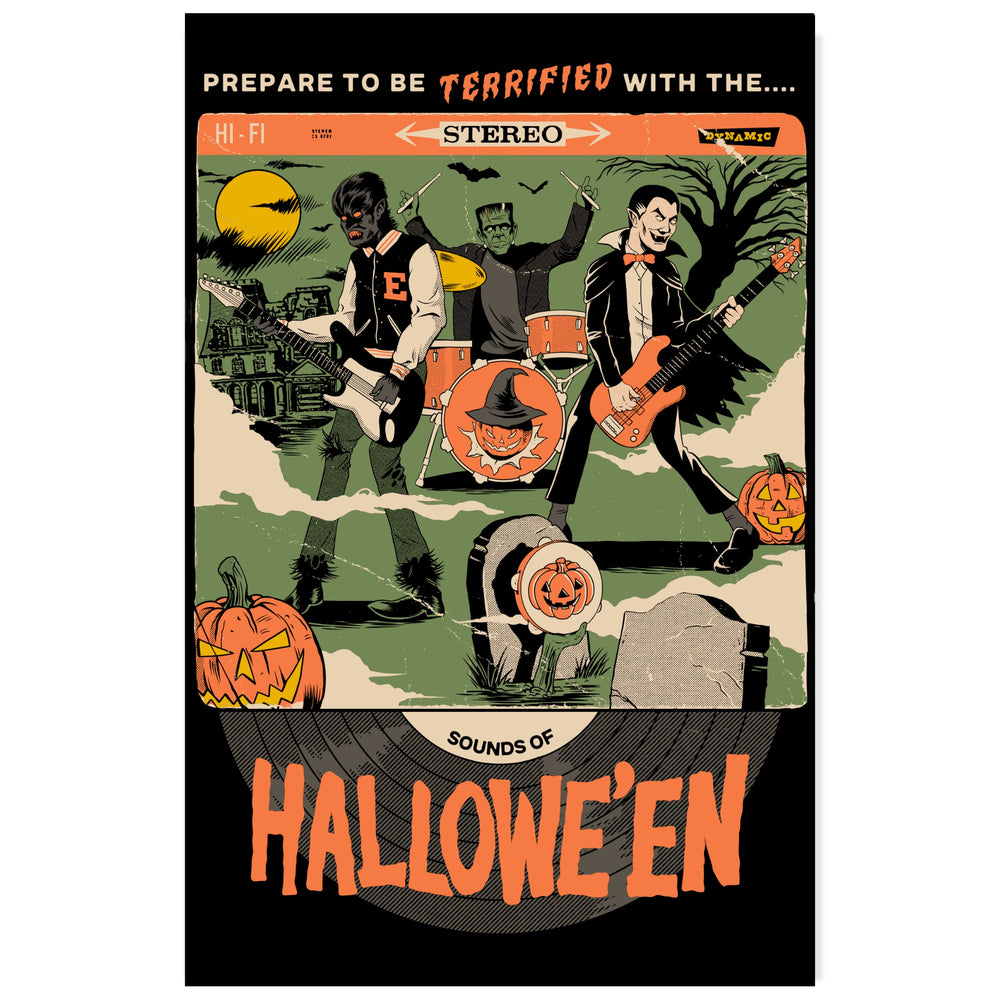 Frankenstein, Dracula and a werewolf play guitars and drums together on this poster that reads, "prepare to be terrified with the sounds of Hallowe'en"