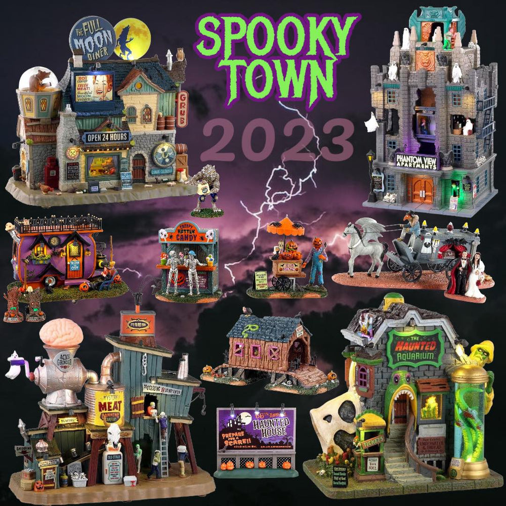 2023 Lemax Spooky Town Collection at Eerie Emporium - Multiple Halloween Village Buildings, Accessories and Figurines are shown. SPOOKY TOWN 2023 is written in green and purple. 