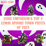 Orange font reads Eerie Emporium's Top 5 Lemax Spooky Town Pieces of 2023 while ghosts and blurred out product images are around it on a purple background.