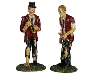 
            
                Load image into Gallery viewer, Lemax Spooky Town A Chilling Band of Two, Set of 2 #02958 at Eerie Emporium - 2 ghouls dressed in ripped jeans and red blazers play jazz instruments together.
            
        