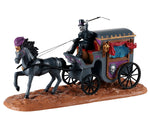 Lemax Spooky Town Phantom Coach #03517 at Eerie Emporium - a skeleton wearing a top hat cracks a whip while leading his creepy horse and carriage.
