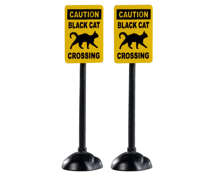 Lemax Spooky Town Scary Road Signs, Set of 2 #04712 at Eerie Emporium - 2 yellow road signs read "Caution Black Cat Crossing" and depict a black cat.