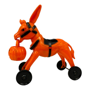 Vintage Halloween Rosbro/Tico Toys Orange Donkey On Wheels with JOL ~ 1950s Hard Plastic Candy Container at Eerie Emporium.