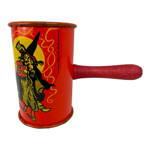 Vintage Halloween Tin Witch Shaker Noisemaker Kirchhof "Life of the Party" from the 1950s at Eerie Emporium