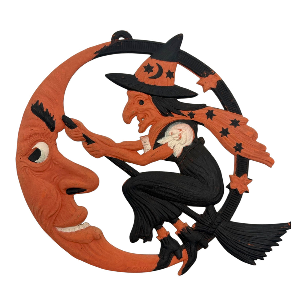 1920s Antique Halloween German Crescent Moon & Witch Die Cut ~ Large Heavily Embossed at Eerie Emporium. 2