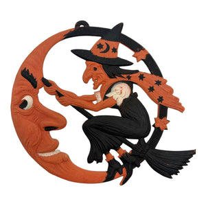 1920s Antique Halloween German Crescent Moon & Witch Die Cut ~ Large Heavily Embossed at Eerie Emporium. 2