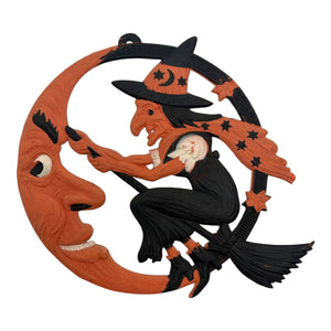 1920s Antique Halloween German Crescent Moon & Witch Die Cut ~ Large Heavily Embossed at Eerie Emporium.