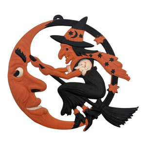 1920s Antique Halloween German Crescent Moon & Witch Die Cut ~ Large Heavily Embossed at Eerie Emporium. 3