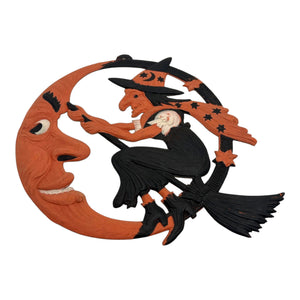 1920s Antique Halloween German Crescent Moon & Witch Die Cut ~ Large Heavily Embossed at Eerie Emporium. 4