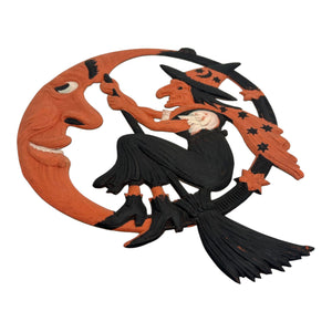 1920s Antique Halloween German Crescent Moon & Witch Die Cut ~ Large Heavily Embossed at Eerie Emporium. 5