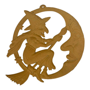 1920s Antique Halloween German Crescent Moon & Witch Die Cut ~ Large Heavily Embossed at Eerie Emporium. 7