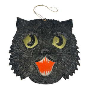 1920s Antique Halloween German Heavily Embossed Black Cat Face Die Cut at Eerie Emporium.