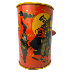 1950s Vintage Halloween Tin Shaker with Witches, Bat, Cat & JOL Noisemaker Kirchhof. 1