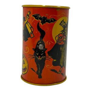 1950s Vintage Halloween Tin Shaker with Witches, Bat, Cat & JOL Noisemaker Kirchhof at Eerie Emporium. 2