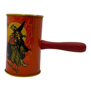1950s Vintage Halloween Tin Shaker with Witches, Bat, Cat & JOL Noisemaker Kirchhof at Eerie Emporium.