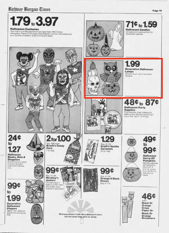 1975 Star Band Halloween Blow Mold Owl In Newspaper Ad at EerieEmporium.