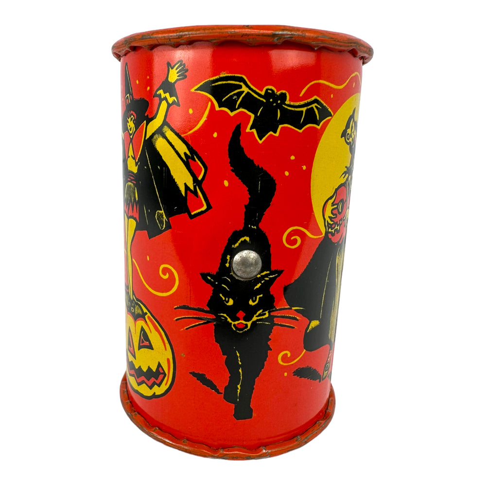 Vintage Halloween Tin Witch Shaker Noisemaker Kirchhof "Life of the Party" from the 1950s at Eerie Emporium