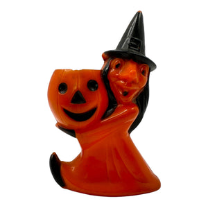 Vintage Halloween Hard Plastic Rosbro Witch With Jack O' Lantern Candy Container at Eerie Emporium.