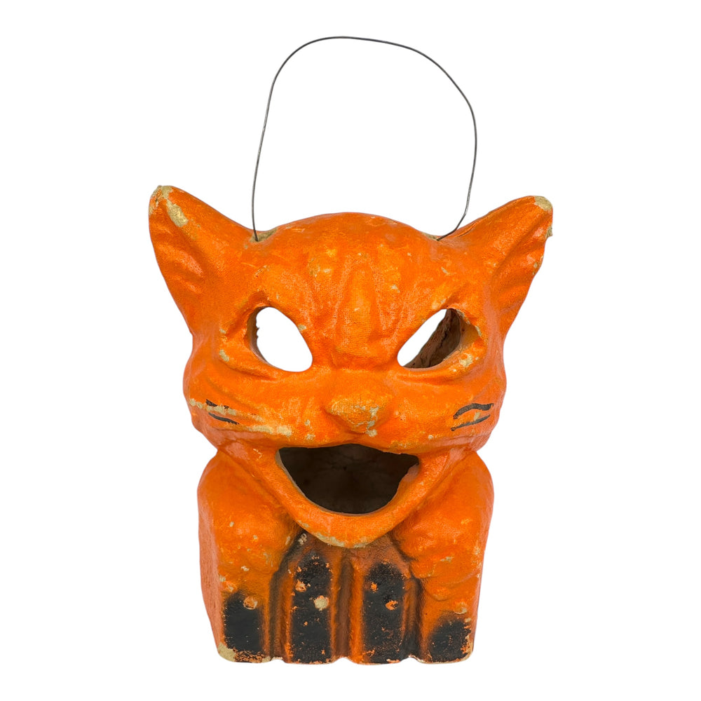 Vintage Halloween Orange Pulp Paper Mache Cat On Fence Lantern