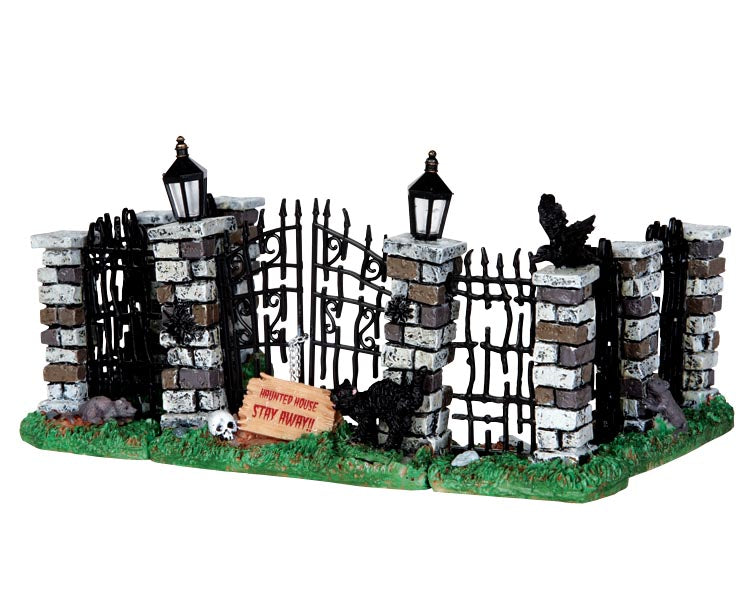 Lemax Spooky Town Spooky Iron Gate & Fence, Set of 5 #34606 at Eerie Emporium - a gothic stone and wrought iron fence has crows, black cats, rats and lanterns on it.