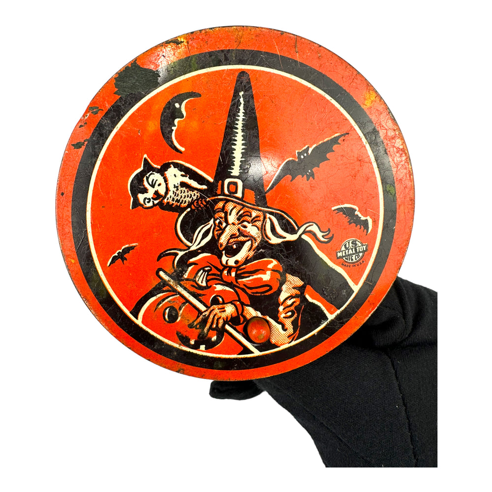 
            
                Load image into Gallery viewer, Vintage Halloween US Metal Toy Tin Witch Noisemaker Ratchet at Eerie Emporium
            
        
