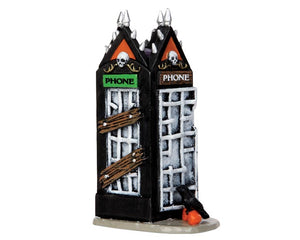 
            
                Load image into Gallery viewer, Lemax Spooky Town Spooky Phonebooth #44739 at Eerie Emporium - a gothic black telephone booth has skulls and metal spikes on it.
            
        