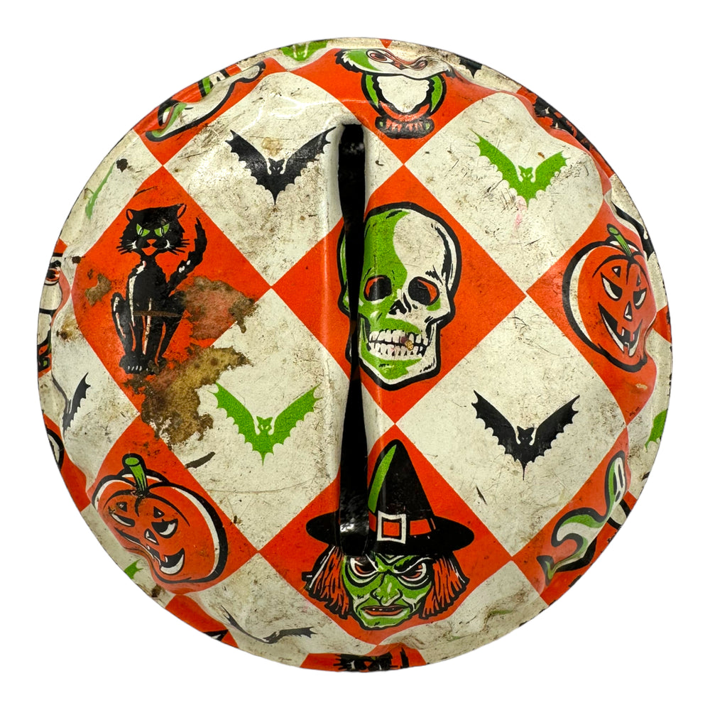 Vintage Halloween Spearhead Industries, Inc. Tin Shaker / Rattler Diamond Patterned Noisemaker from the late 1960s at Eerie Emporium.