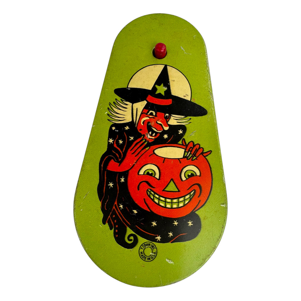 Vintage Halloween 1940s T. Cohn Tin Green Witch with JOL Noisemaker ~ Ratchet Style with Wood Handle