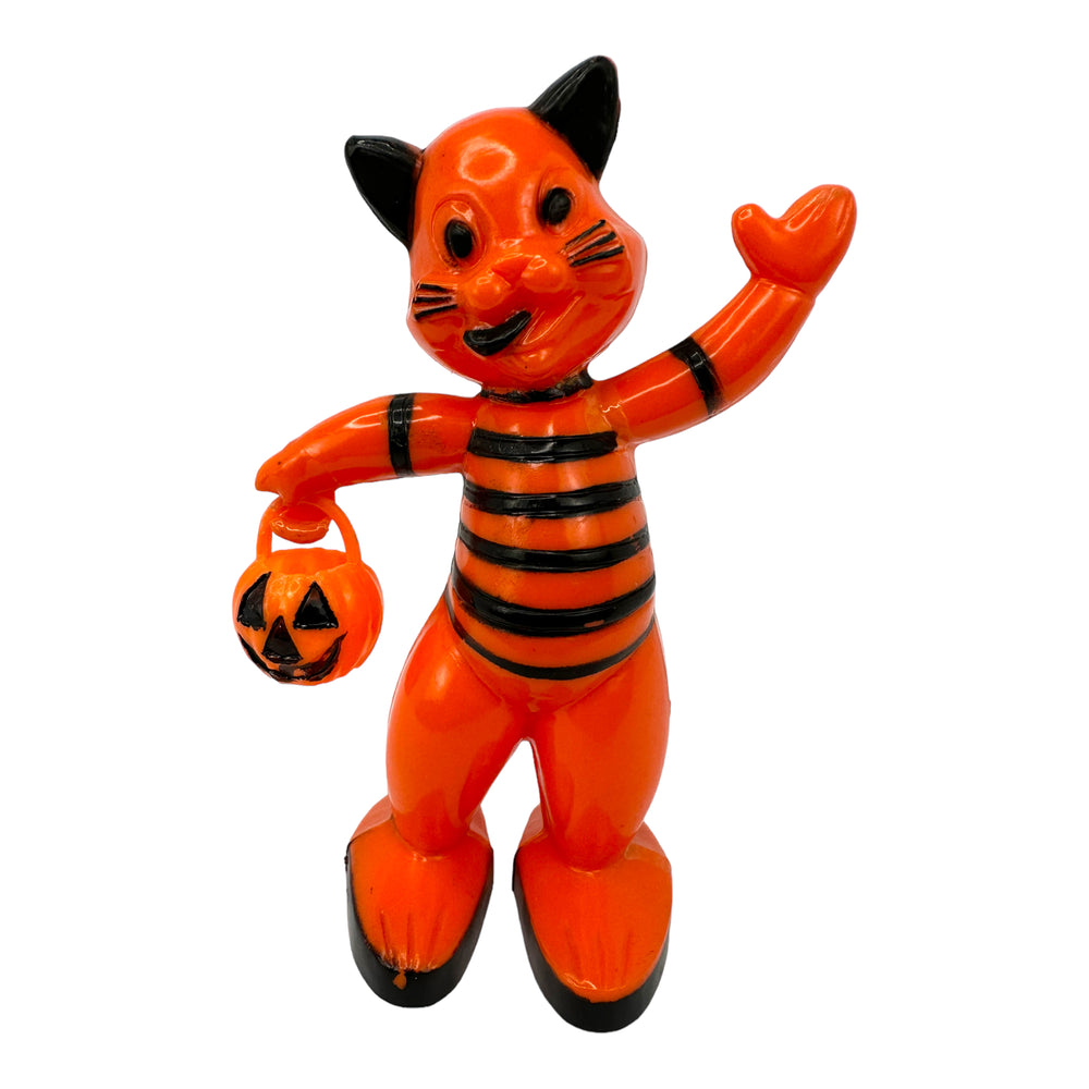Vintage Halloween Rosbro / Tico Toys Hard Plastic Striped Cat Holding Jack O Lantern Candy Container 1950s at Eerie Emporium.
