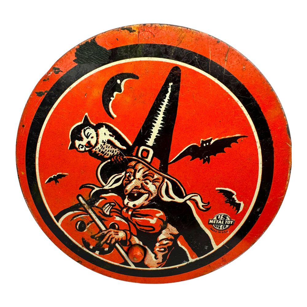 
            
                Load image into Gallery viewer, Vintage Halloween US Metal Toy Tin Witch Noisemaker Ratchet at Eerie Emporium
            
        