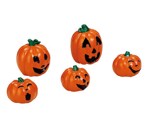 Lemax Spooky Town Happy Pumpkin Family, Set of 5 #74239 at Eerie Emporium - 5 jack o' lanterns have different cute faces.