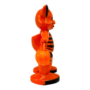 
            
                Load image into Gallery viewer, Vintage Halloween Rosbro / Tico Toys Hard Plastic Striped Cat Holding Jack O Lantern Candy Container 1950s at Eerie Emporium.
            
        