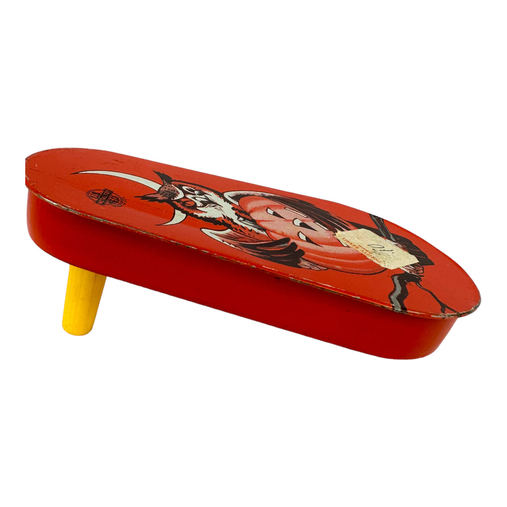 
            
                Load image into Gallery viewer, Vintage Halloween US Metal Toy Tin Owl Noisemaker. Item is an Oblong Ratchet from the 1950s with an Original drugstore sticker. Available at Eerie Emporium.
            
        