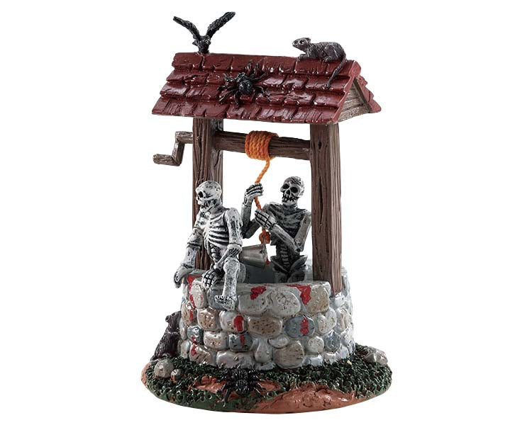 Lemax Spooky Town Ghouls in Well #83343 at Eerie Emporium - 2 skeletons climb out of a creepy stone well covered in blood and rats.