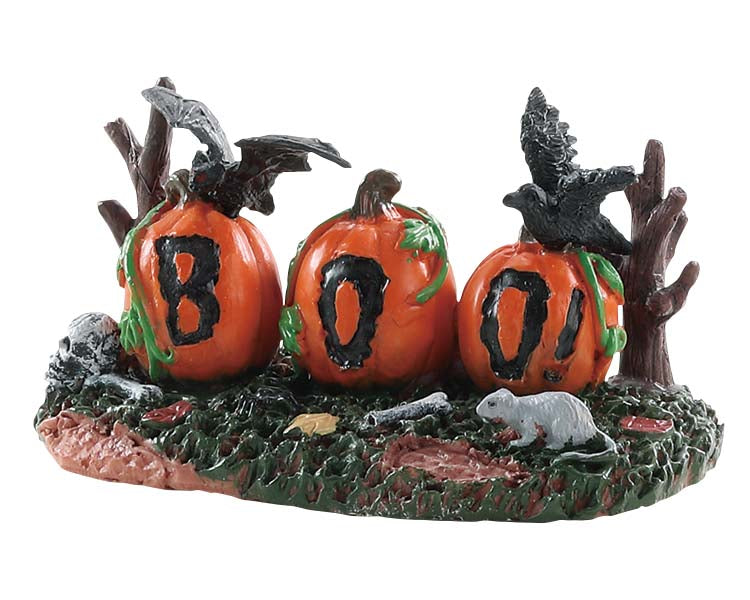 Lemax Spooky Town Boo Pumpkins #84339 at Eerie Emporium - three jack o lanterns rest next each other and spell "BOO!" while crows and rats climb on them.