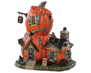 Lemax Spooky Town Squash Shack #85310 at Eerie Emporium - a home is built out of three large pumpkins. A sign out front reads "SQUASH SHACK".