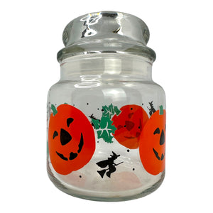 Vintage Halloween Anchor Hocking Glass Jack O Lantern Witch Jar at Eerie Emporium.