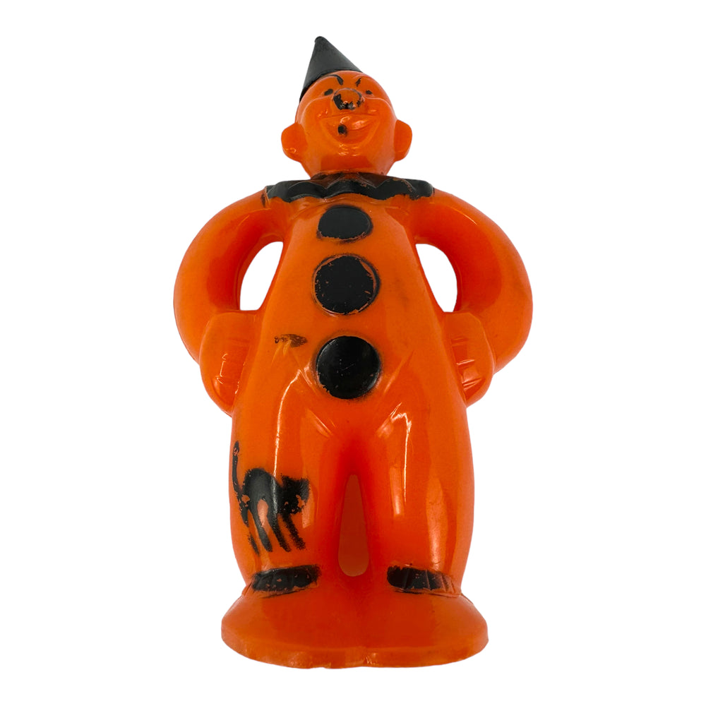 
            
                Load image into Gallery viewer, Vintage Halloween Rosbro E. Rosen Hard Plastic Orange Clown Toy ~ 1950s Hard Plastic Candy/Lollipop Holder at Eerie Emporium.
            
        