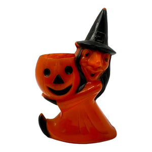Vintage Halloween Hard Plastic Rosbro Witch With Jack O' Lantern Candy Container at Eerie Emporium.