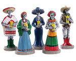 Lemax Spooky Town Dia De Los Muertos Vigil, Set of 5 #92729 at Eerie Emporium - 5 colorfully dressed skeletons hold candles and horror the dead