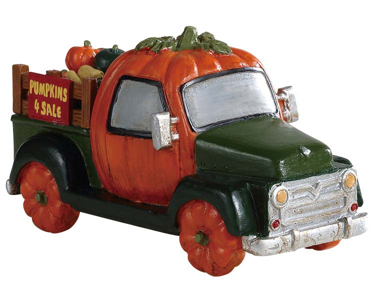 
            
                Load image into Gallery viewer, Lemax Spooky Town Pumpkin Truck #93445 at Eerie Emporium - A truck with a cab and wheels shaped like pumpkins has a sign that reads &amp;quot;PUMPKINS 4 SALE&amp;quot;.
            
        