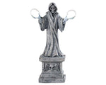 Lemax Spooky Town Skeleton Lamp #94489 at Eerie Emporium - A skeleton stone statue holds a light in either hand.