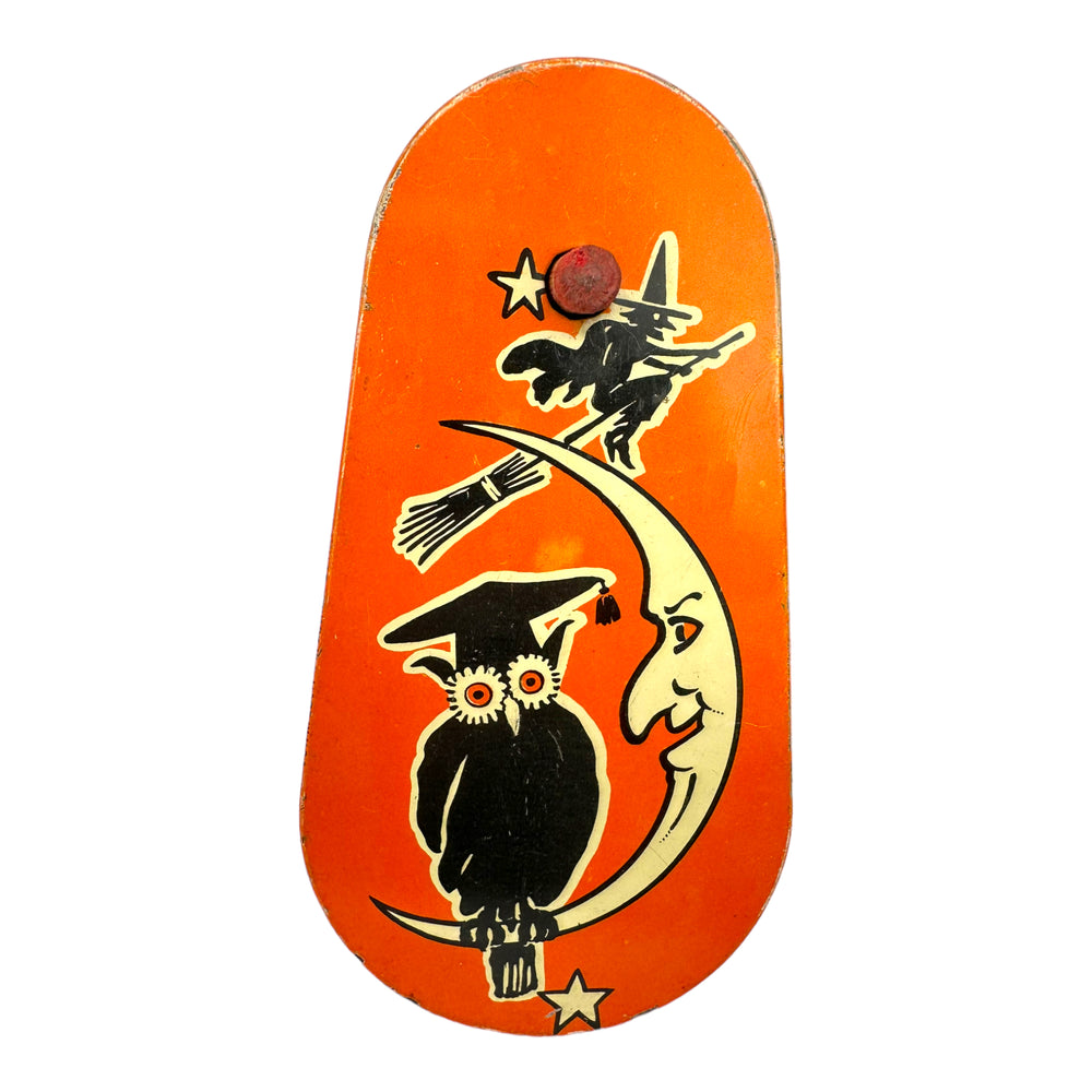 
            
                Load image into Gallery viewer, Vintage Halloween Kirchhof Tin Litho Ratchet Owl, Moon and Witch Noisemaker from the 1950s at Eerie Emporium.
            
        